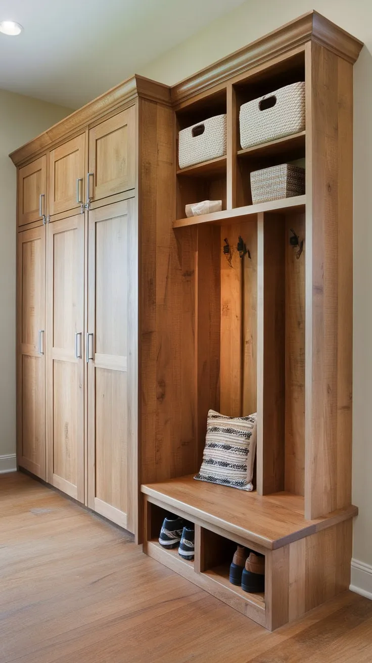 Organize chaos with stylish wood lockers and cabinets in this functional mudroom entryway