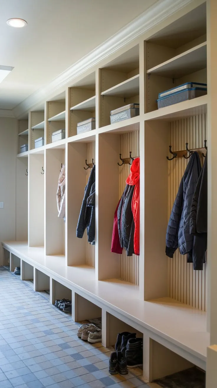 A checkered-floor mudroom features practical lockers with doors and hooks, complemented by upper cabinets and ample bright lighting.