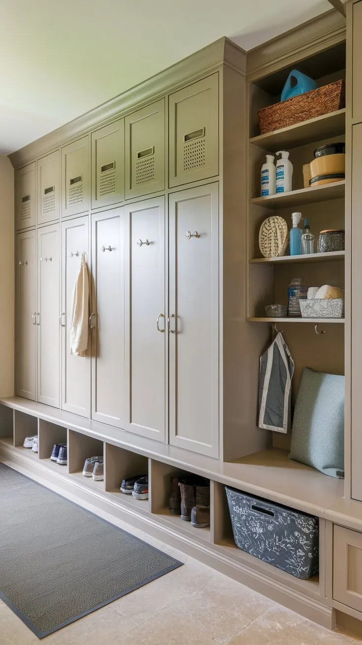 Neat mudroom lockers with doors provide convenient storage for coats, shoes, and more alongside a cabinet for cleaning supplies.