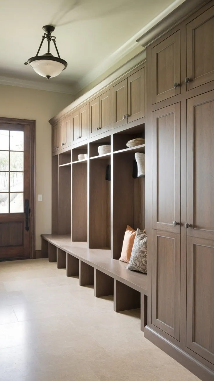 A charming mudroom boasts stylish wood lockers with doors, offering convenient storage and a welcoming atmosphere.