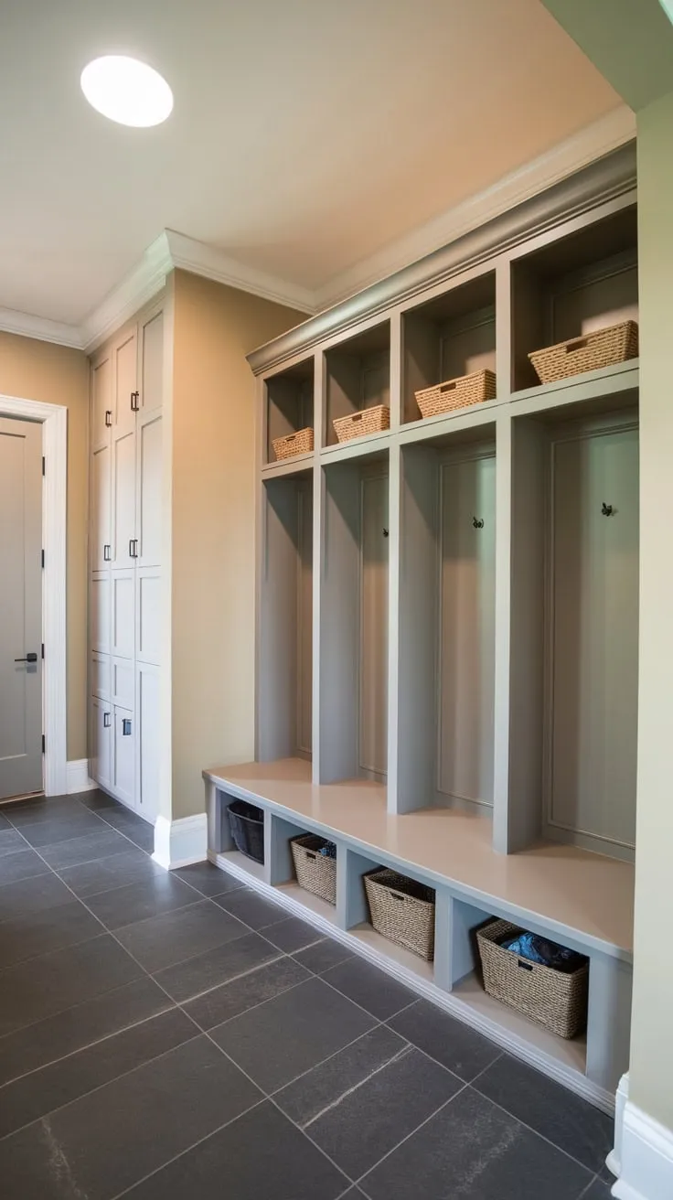Organized mudroom features stylish lockers with doors, overhead cabinets, and additional closet space for efficient entryway storage