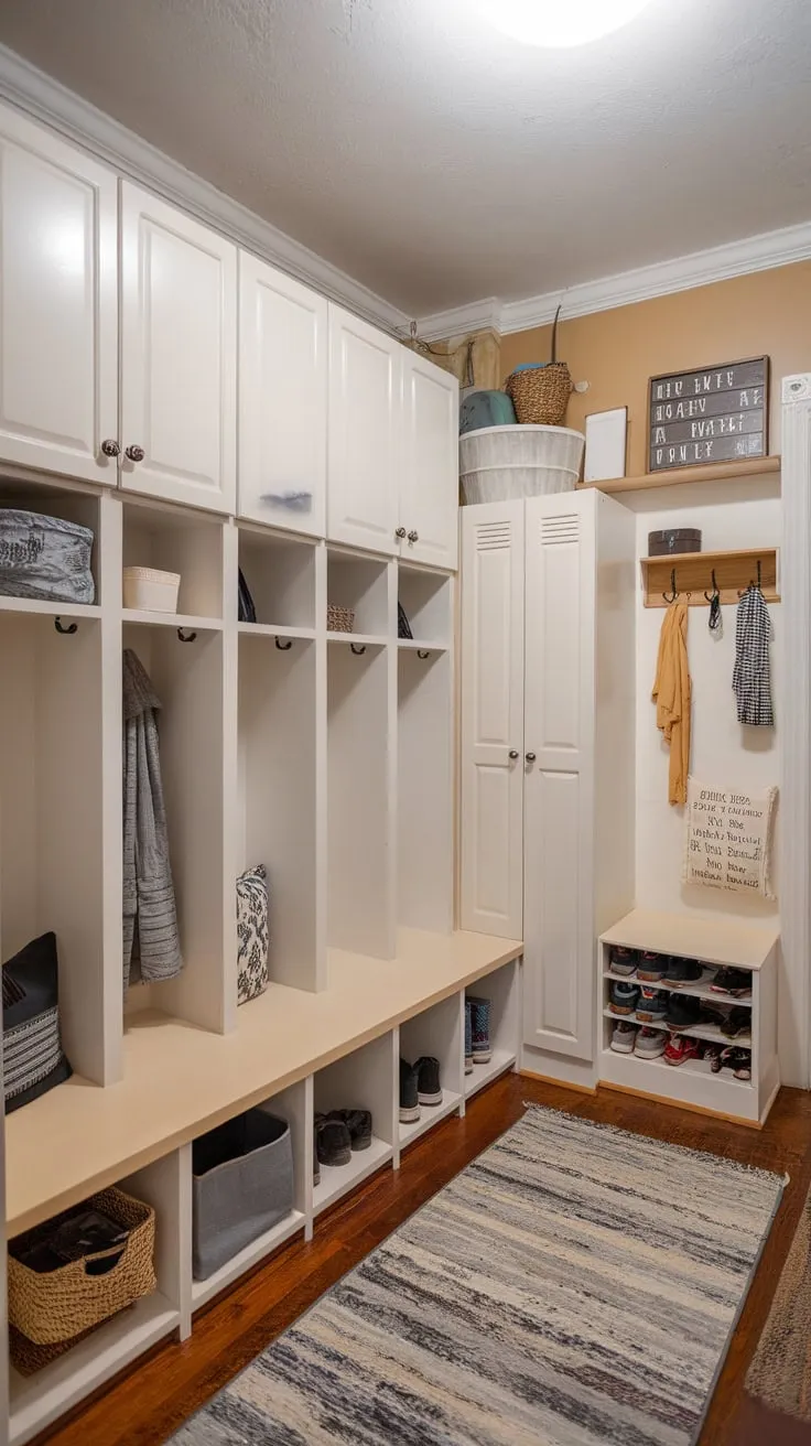 Brightly lit mudroom boasts multiple door-equipped lockers, plus ample storage for coats, shoes, and gear.