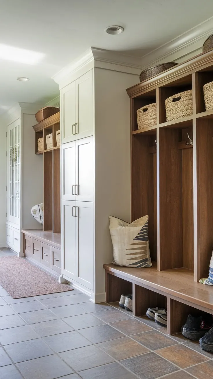 A bright mudroom features stylish wood lockers with doors for ultimate family organization.