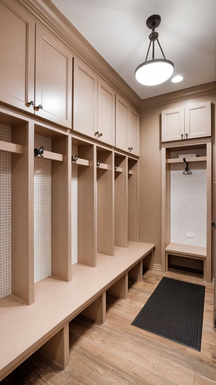 A functional mudroom boasts wall-mounted lockers with doors plus extra storage, creating a tidy and welcoming space.