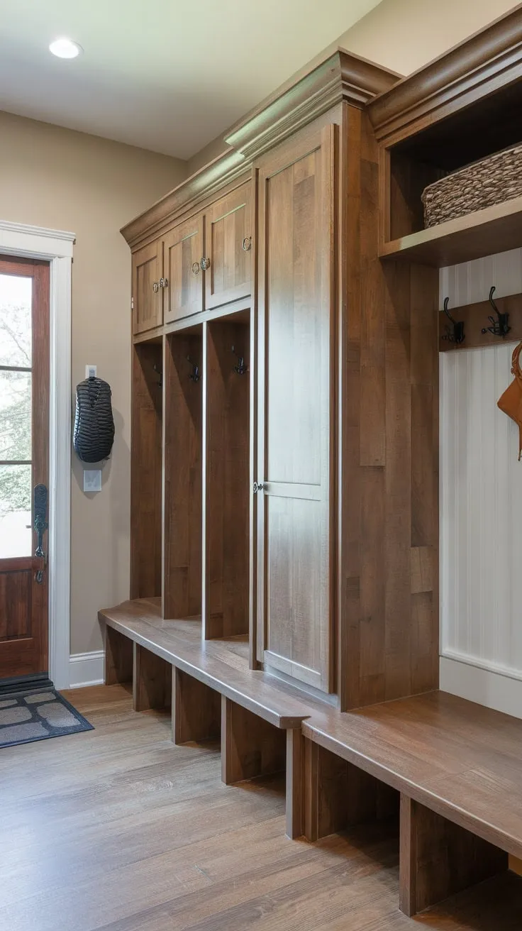 A charming mudroom boasts wooden lockers with doors, cabinets, and hooks for ultimate organization and style.