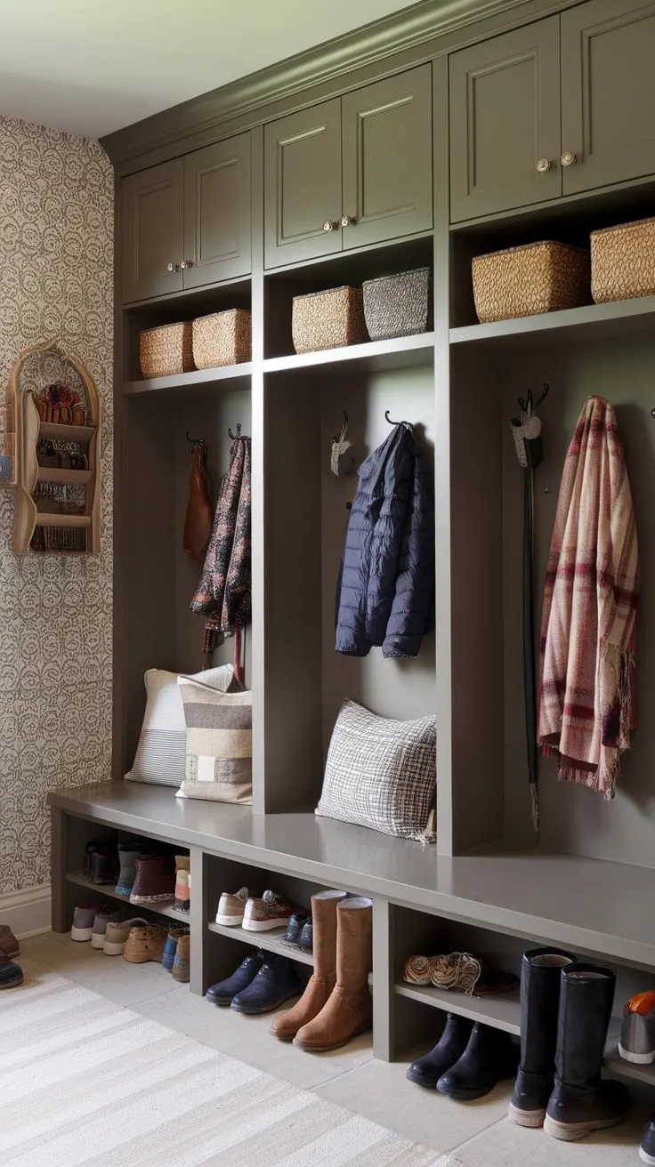 Organized chaos meets cozy comfort in a mudroom featuring practical lockers with doors, a bench, and charming wallpaper.