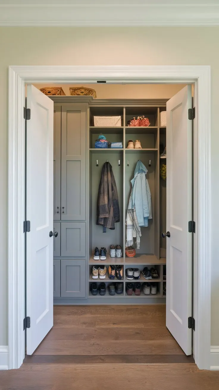 A light and airy mudroom features a custom cabinet and multiple lockers with doors, keeping coats, shoes, and belongings neatly stored.