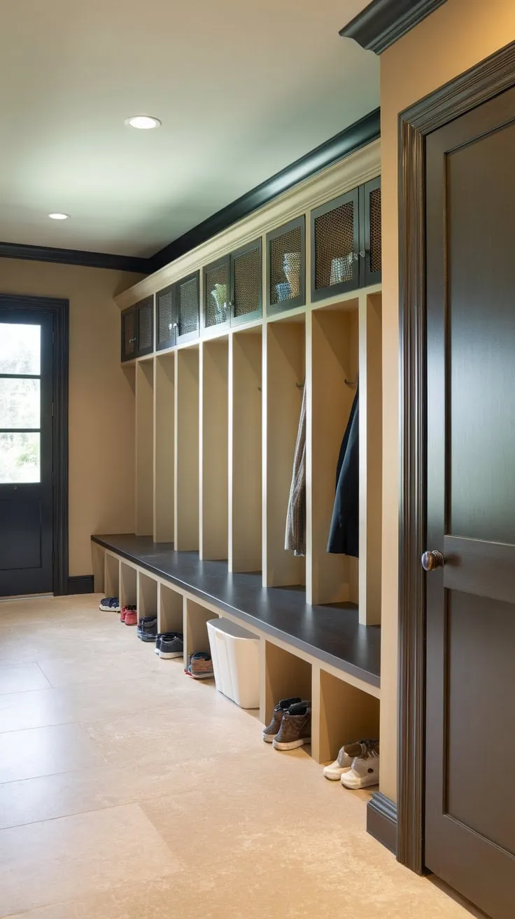 Brightly lit beige mudroom boasts stylish black-framed lockers with doors, offering ample storage alongside coordinating cabinets and closet.
