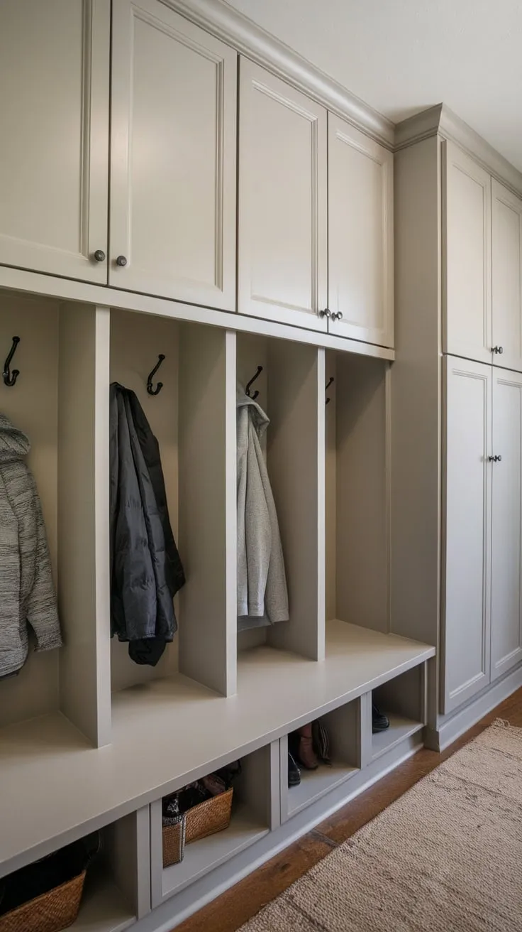 Mudroom boasts ample storage with lockers featuring individual doors and hooks complemented by additional cabinets above and beside.