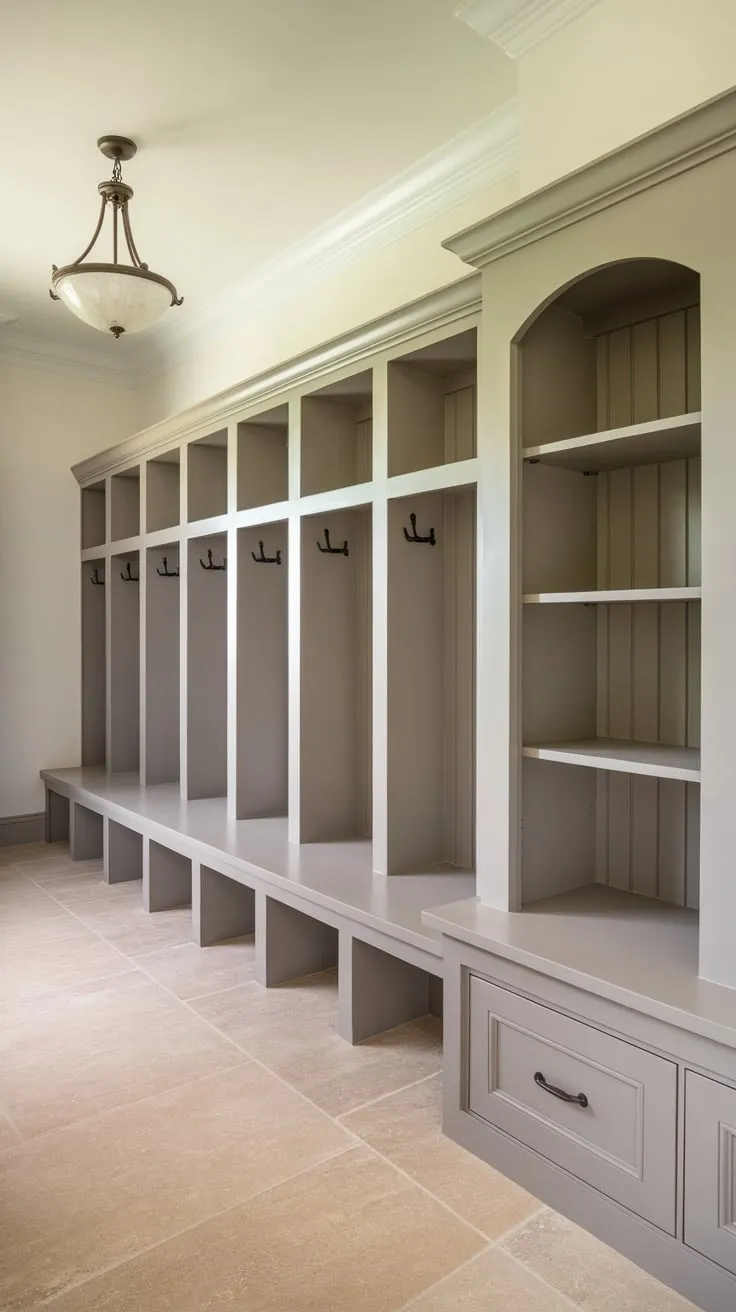 Organized mudroom featuring individual coat lockers and a handy storage cabinet maximizes space and functionality