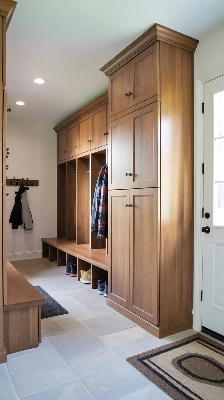 Organized mudroom features wooden lockers with doors and a tall cabinet, maximizing storage in a bright and welcoming space.