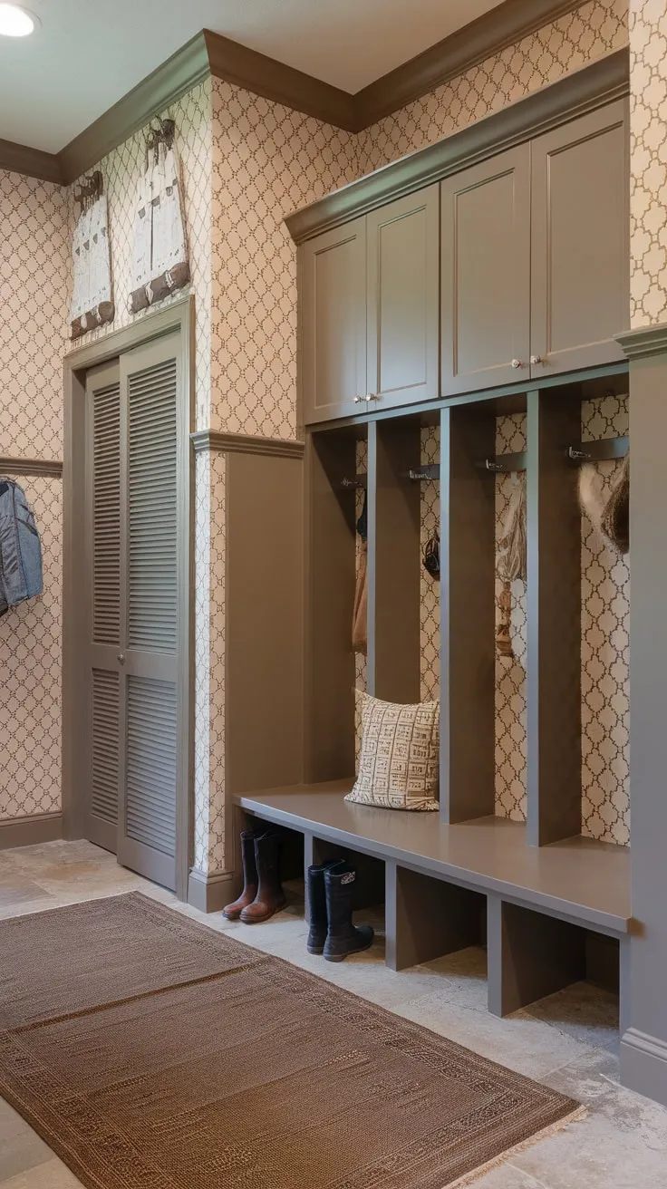 A charming mudroom boasts lockers with doors, ample storage, and rustic flooring for ultimate family organization.