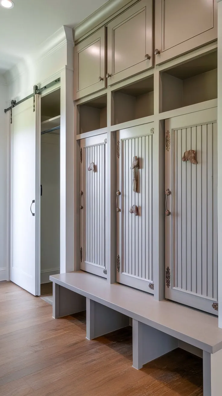 Organized mudroom featuring unique-doored lockers, overhead shelving, and a sliding-door closet, all atop a wood floor
