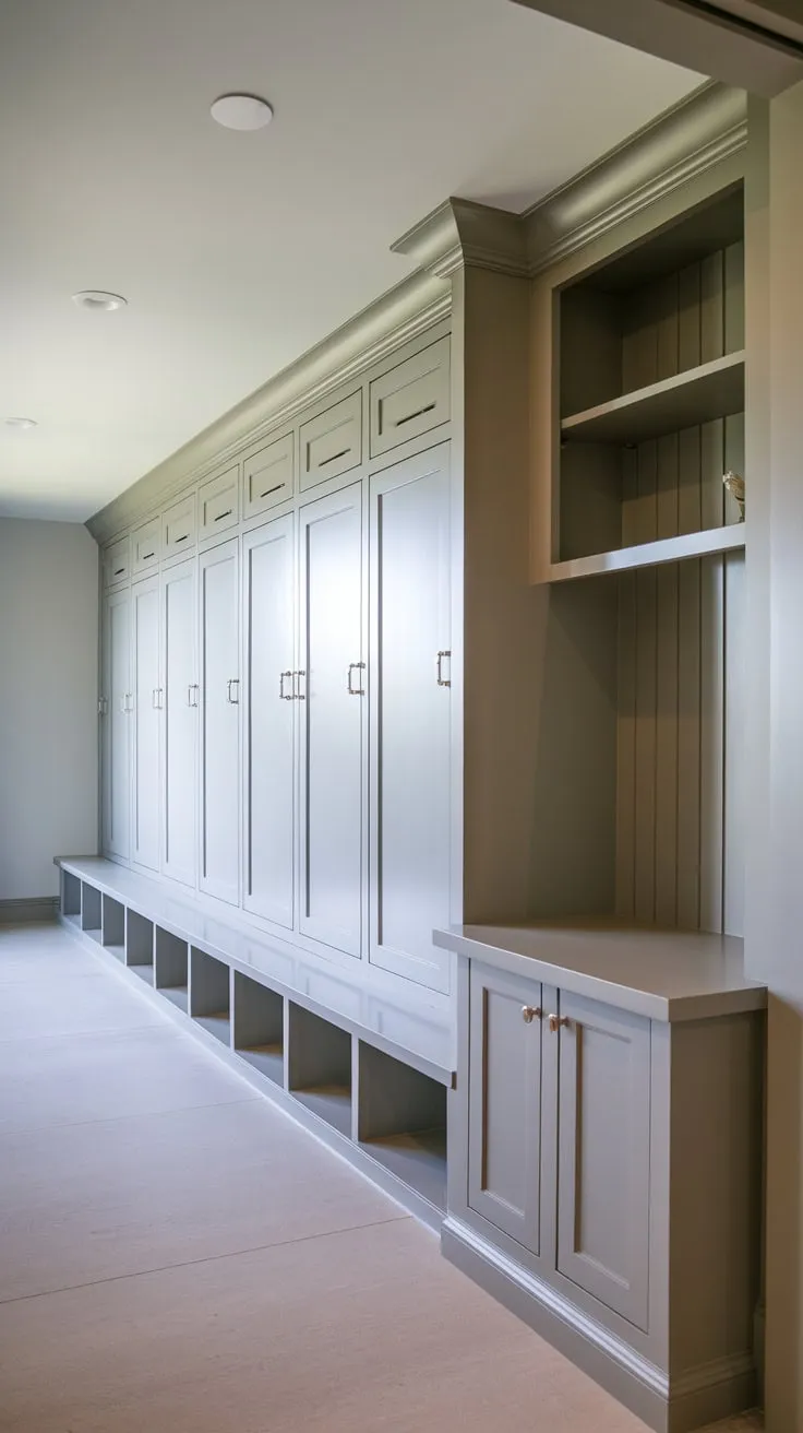 Brightly lit mudroom lockers with doors maintain a clean organized space for family storage