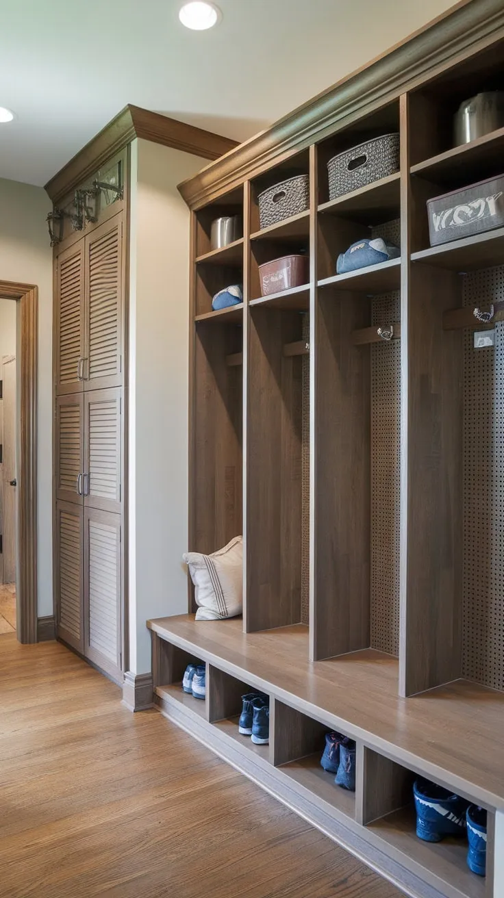 Organized hardwood-floor mudroom boasts multiple wooden-doored lockers and ample storage.