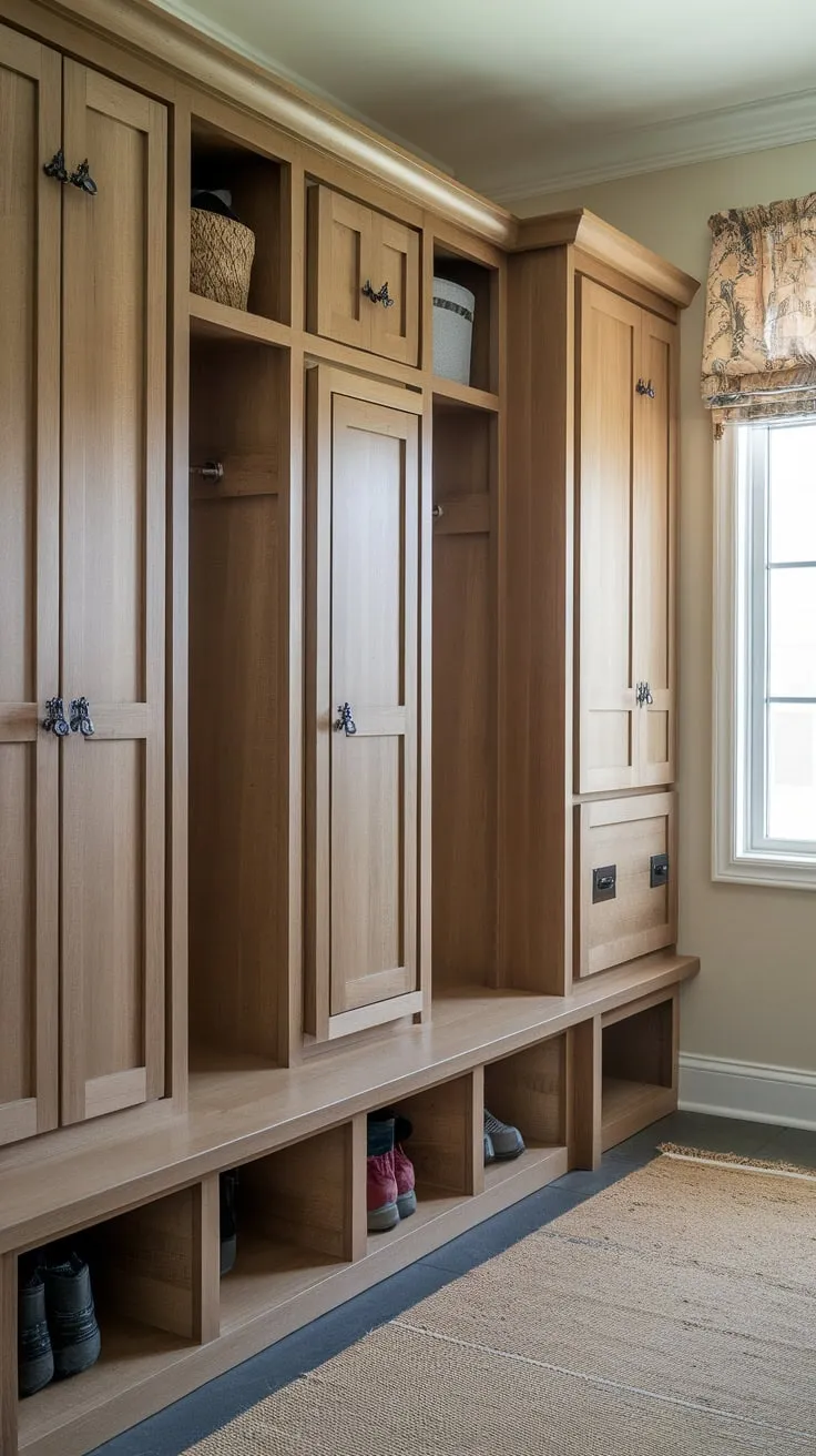 A charming mudroom boasts practical wooden lockers with doors, complemented by a cabinet and closet for ultimate storage and organization.