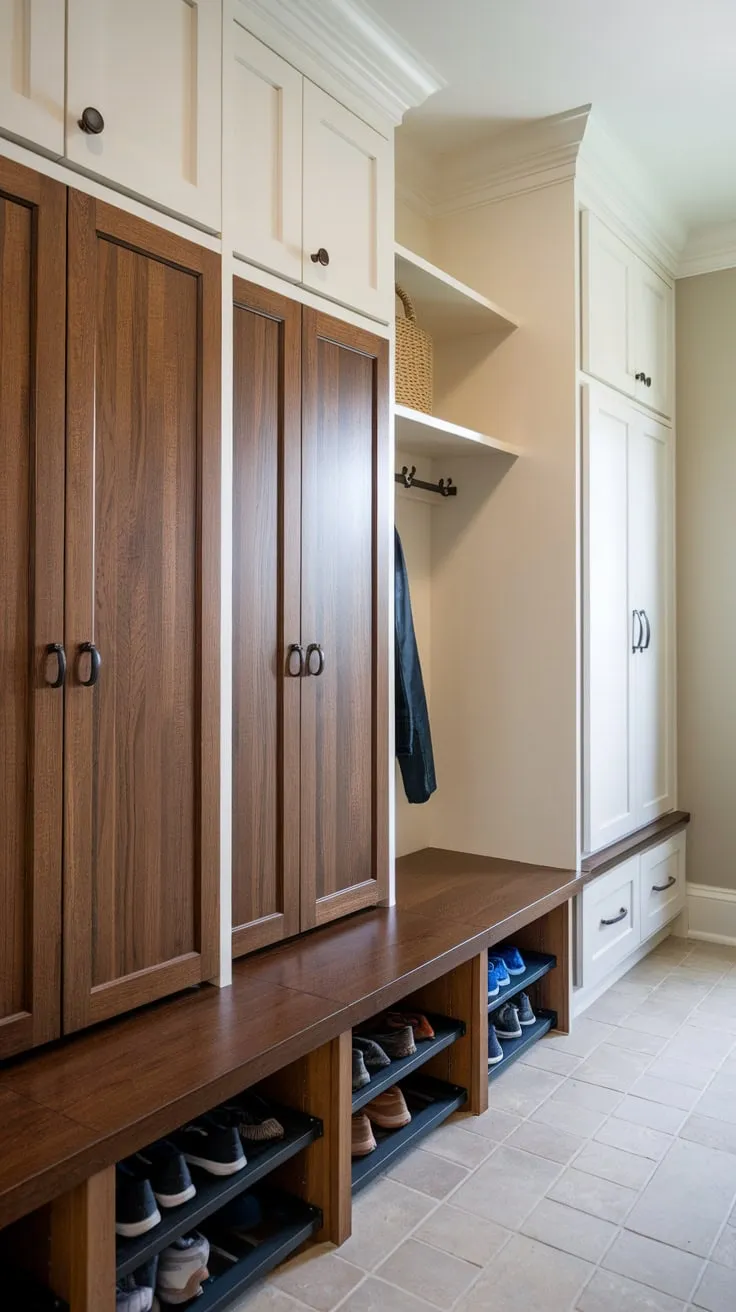 Organized dark wood lockers with doors, a white cabinet, and closet create a stylish and functional tiled mudroom entryway