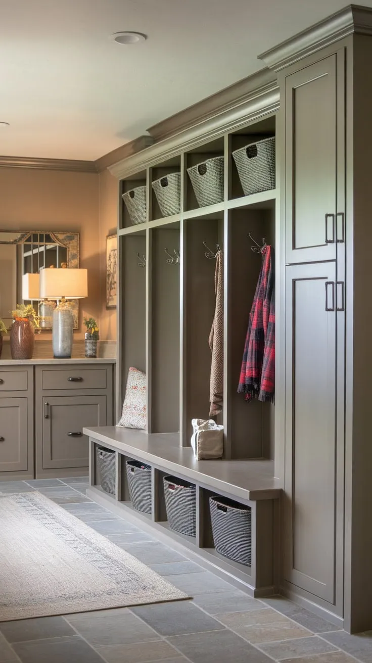 Stylish mudroom boasts lockers with doors plus ample storage solutions for coats, shoes, and accessories, creating a clutter-free entryway.