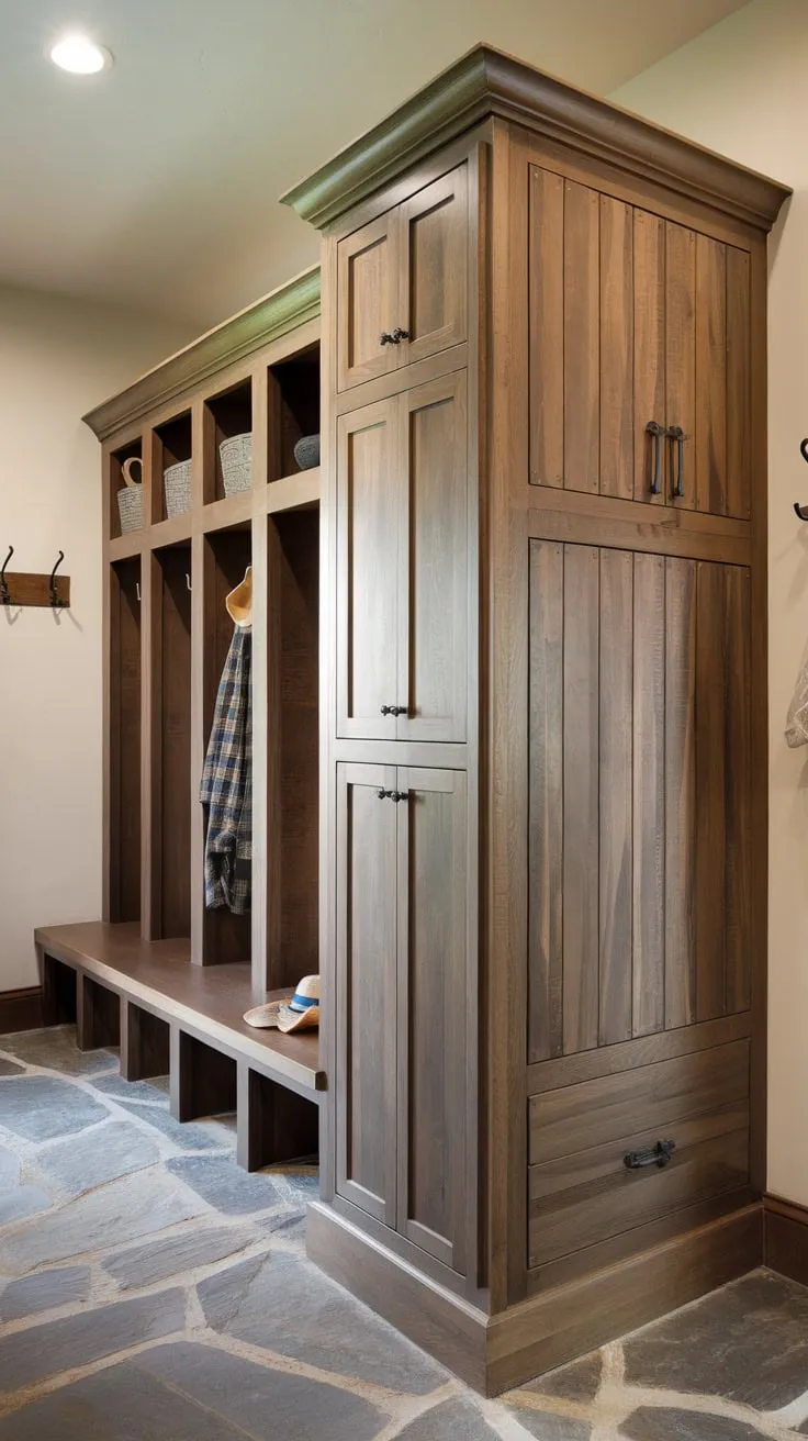 Organized wooden lockers with doors and a spacious cabinet create a functional and bright mudroom entry perfect for coats, hats, and more.
