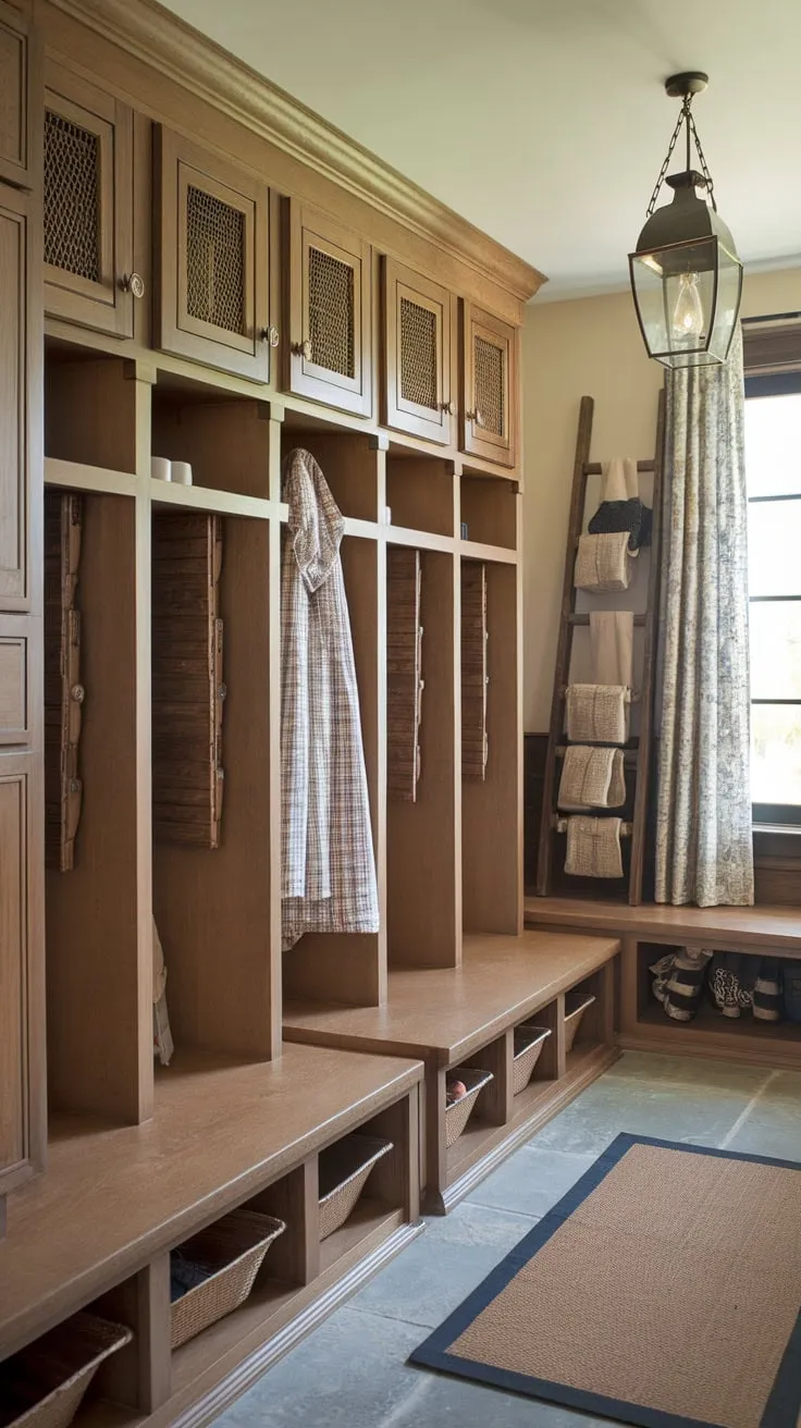 Rustic charm meets practical organization in a mudroom featuring unique, door-equipped lockers, ample cabinets, and charming vintage details