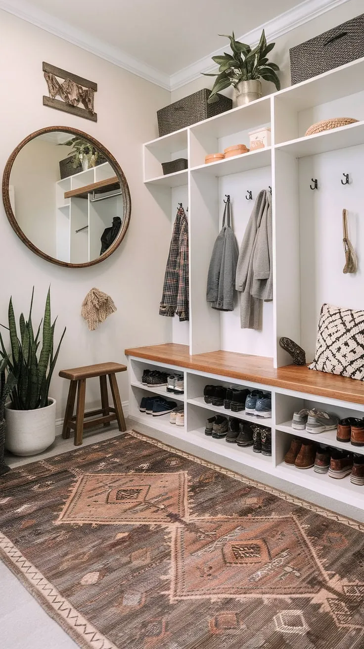 Step into serenity with this modern boho mudroom nook.  The built-in coat and shoe storage, a marvel of entryway DIY storage, keeps things organized while the rustic mirror and patterned rug add bohemian charm.  Perfect entryway ideas for a functional modern mudroom, offering hallway organization ideas and stylish mudroom entrance ideas.