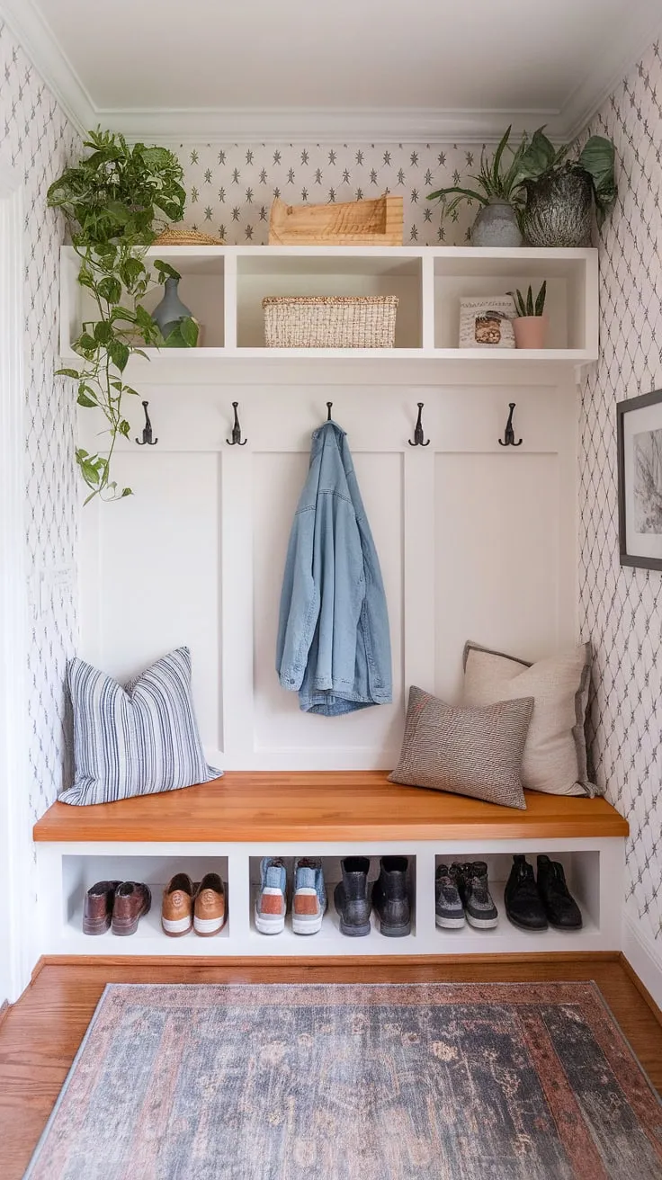This mudroom entryway decor showcases the beauty of a functional modern mudroom.  The built-in coat and shoe storage cleverly solves entryway storage challenges, transforming this mudroom nook into a stylish and organized space.  Bohemian touches, like the patterned wallpaper and plush bench, add warmth and personality.  Get inspired by these hallway organization ideas and mudroom entrance ideas for your own entryway diy storage solution.