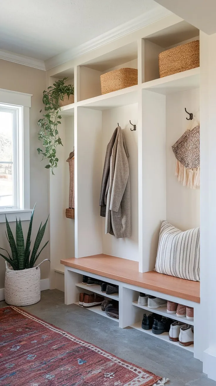 This bohemian mudroom transforms a simple mudroom entryway into a stylish and functional space.  The light walls and concrete floor provide a neutral backdrop for the built-in coat and shoe storage, creating a mudroom nook that's both practical and beautiful.  Get inspired by these entryway ideas and discover the perfect blend of modern boho mudroom design and entryway decor.