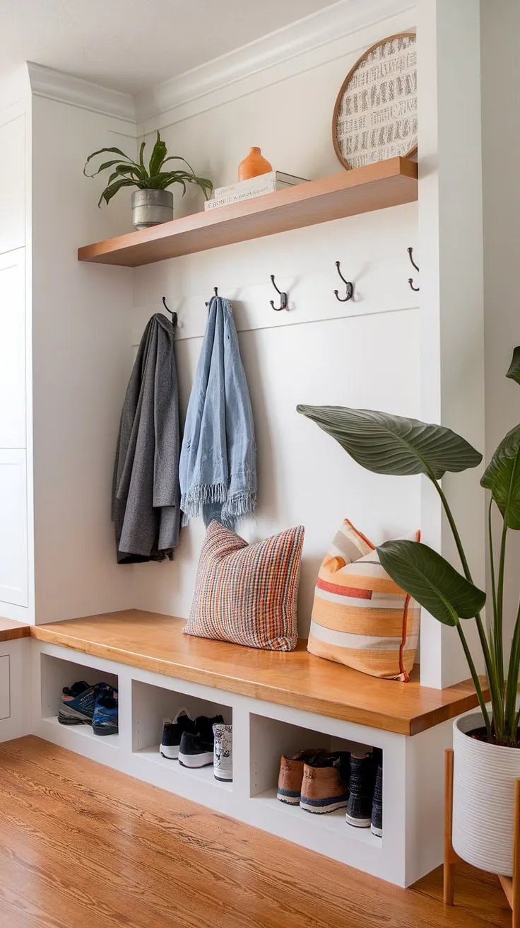 This bohemian mudroom is the epitome of functional style. The mudroom nook, complete with a built-in coat and shoe storage unit and a comfy bench, offers the perfect blend of modern and bohemian design.  Clever entryway diy storage solutions and thoughtful mudroom entryway decor transform this hallway into a stylish and organized mudroom.  Explore these entryway ideas for your own functional modern mudroom and discover the joy of effortless hallway organization ideas.