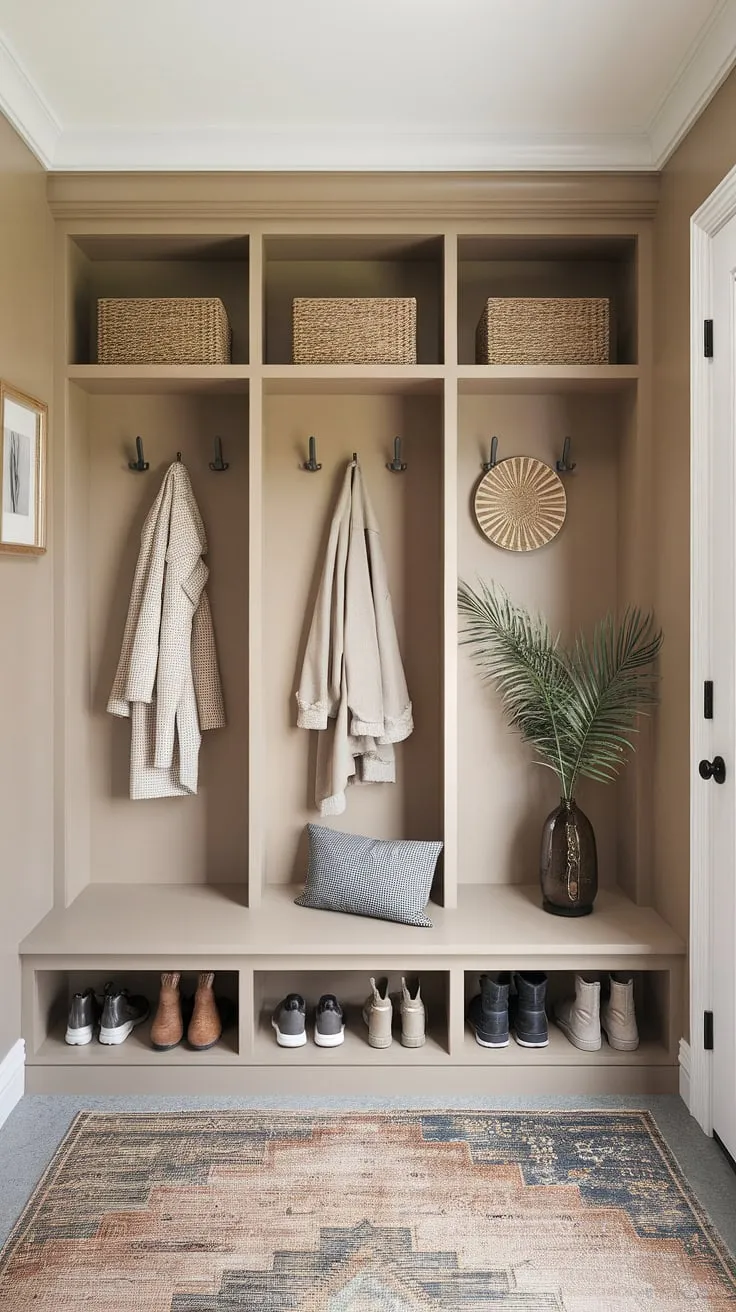 Step into serenity with this modern boho mudroom, featuring a cozy nook perfect for a moment's pause.  Built-in coat and shoe storage maximizes space, offering entryway diy storage solutions that are both functional and stylish.  This mudroom entryway decor showcases clever hallway organization ideas, transforming a simple mudroom entrance into a bohemian mudroom haven.