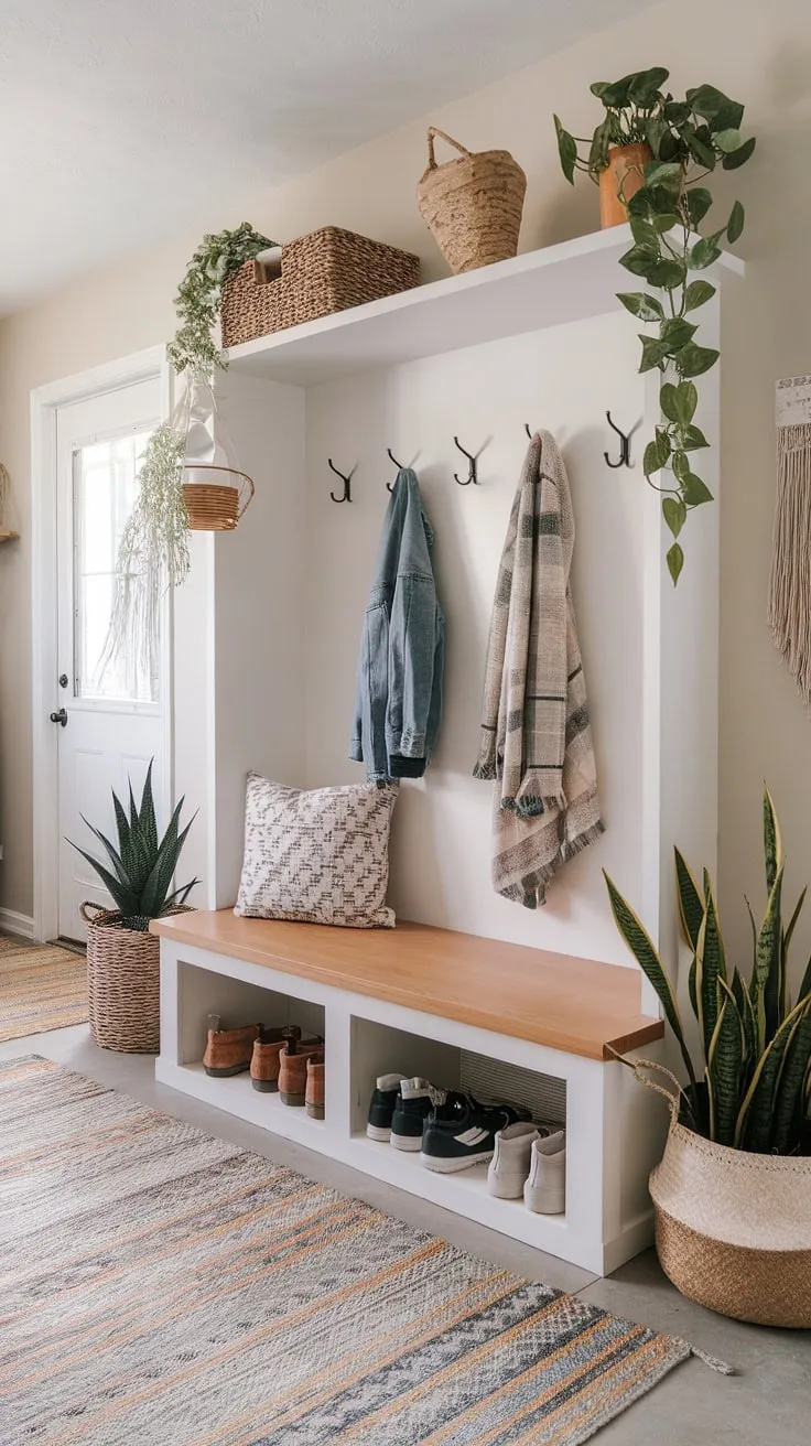 Step into serenity with this modern boho mudroom.  The built-in coat and shoe storage nook, complete with a comfy bench seat, offers functional modern mudroom solutions and stylish entryway ideas.  This bohemian mudroom showcases clever entryway diy storage, transforming a simple hallway into an organized and inviting mudroom entrance.  Perfect mudroom entryway decor for those seeking hallway organization ideas.