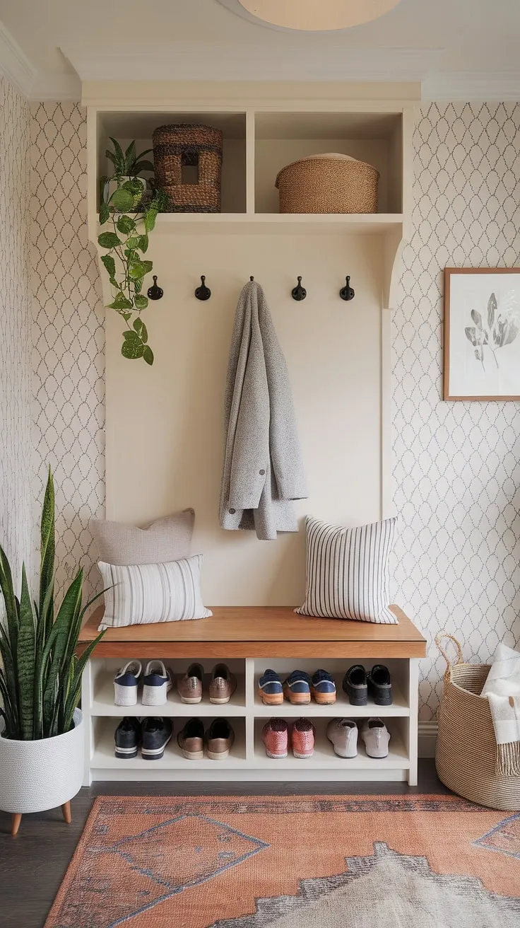 Step into serenity with this modern boho mudroom nook.  Built-in coat and shoe storage maximizes space, while the cozy bench and patterned wallpaper create a welcoming entryway.  This functional modern mudroom offers clever hallway organization ideas and inspiring mudroom entrance ideas, proving that entryway diy storage can be both stylish and practical.  A bohemian mudroom dream realized.