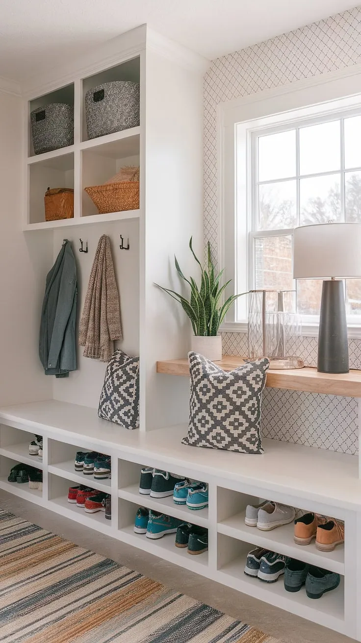 Step into serenity with this modern boho mudroom.  The built-in coat and shoe storage maximizes space, while the cozy mudroom nook, complete with a plant and lamp, offers a welcoming entryway. This functional modern mudroom is a testament to clever entryway diy storage and hallway organization ideas, showcasing the perfect blend of style and practicality for your mudroom entrance ideas.  A bohemian mudroom that effortlessly combines form and function.