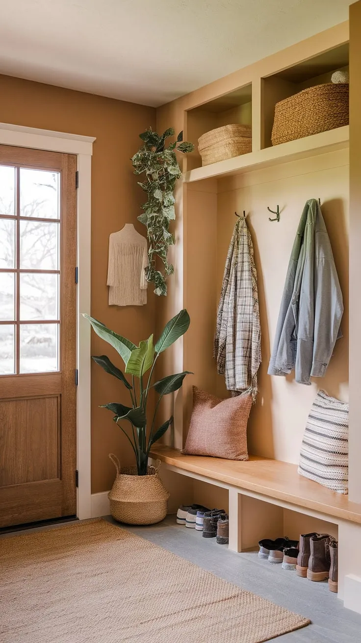 Step into serenity with this modern boho mudroom nook.  Built-in coat and shoe storage maximizes space, while the wooden bench and lush plant create a cozy atmosphere.  Perfect entryway ideas for a functional modern mudroom, offering clever hallway organization ideas and inspiring mudroom entrance ideas. This bohemian mudroom is a testament to entryway diy storage and stylish mudroom entryway decor.