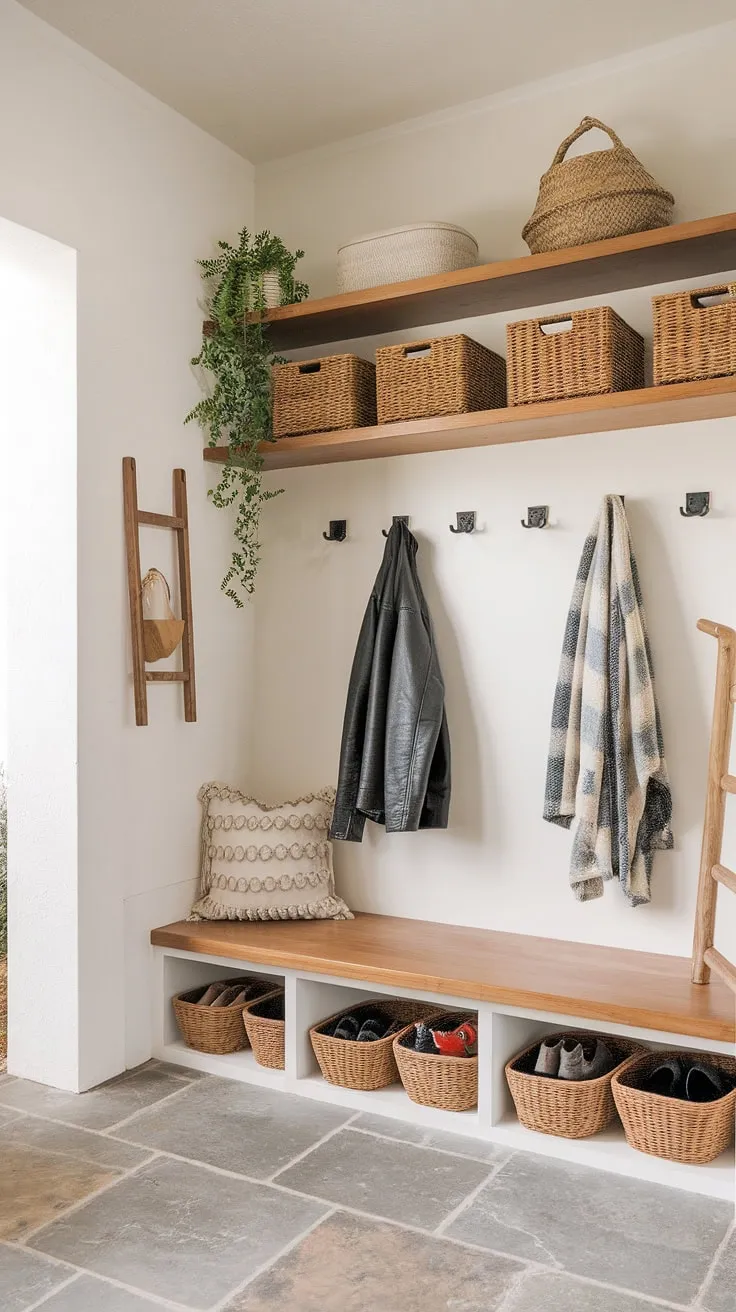 Step into serenity with this modern boho mudroom nook.  Built-in coat and shoe storage keeps things organized, while the bohemian touches add warmth and personality.  Perfect entryway ideas for a functional modern mudroom, offering clever hallway organization ideas and inspiring mudroom entrance ideas. This entryway diy storage solution transforms a simple mudroom entryway decor into a stylish and welcoming bohemian mudroom.
