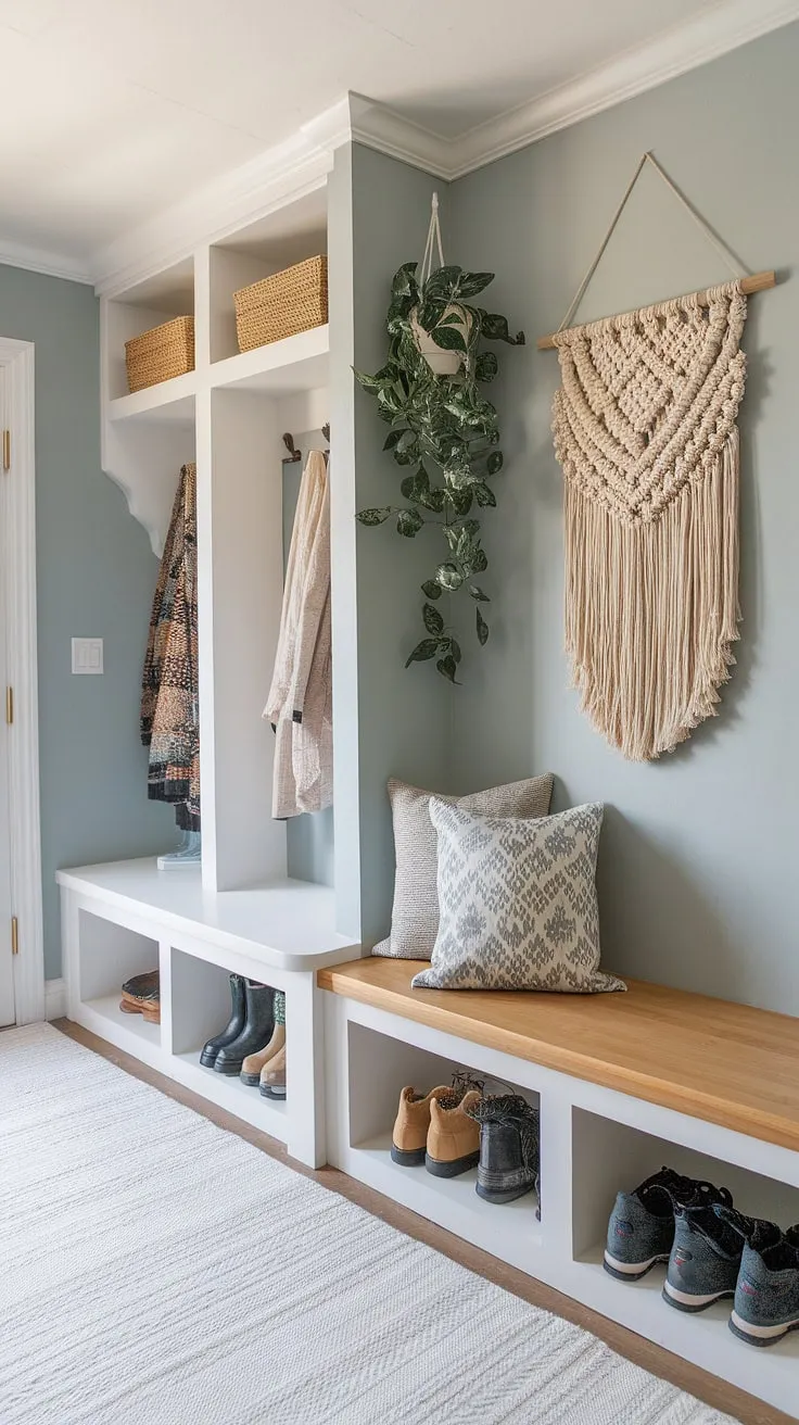 Transform your entryway into a stylish and functional bohemian mudroom. This mudroom nook boasts built-in coat and shoe storage, effortlessly blending modern design with bohemian flair.  The light blue walls, macrame accents, and potted plant create a welcoming atmosphere.  Discover the perfect blend of functional modern mudroom and entryway ideas with this inspiring space.  Get inspired by these hallway organization ideas and mudroom entrance ideas, and consider DIY storage solutions for your own mudroom.