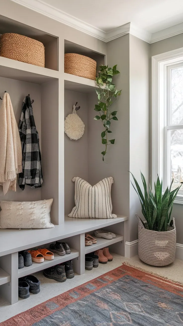 This bohemian mudroom is the epitome of functional design.  Clever built-in coat and shoe storage keeps things tidy, while the inviting mudroom nook, complete with a comfy chair and lush plant, creates a tranquil atmosphere.  Get inspired by this mudroom, showcasing entryway ideas that seamlessly blend modern and boho styles.  Consider this your guide to entryway diy storage and hallway organization ideas, transforming your mudroom into a stylish and practical space.