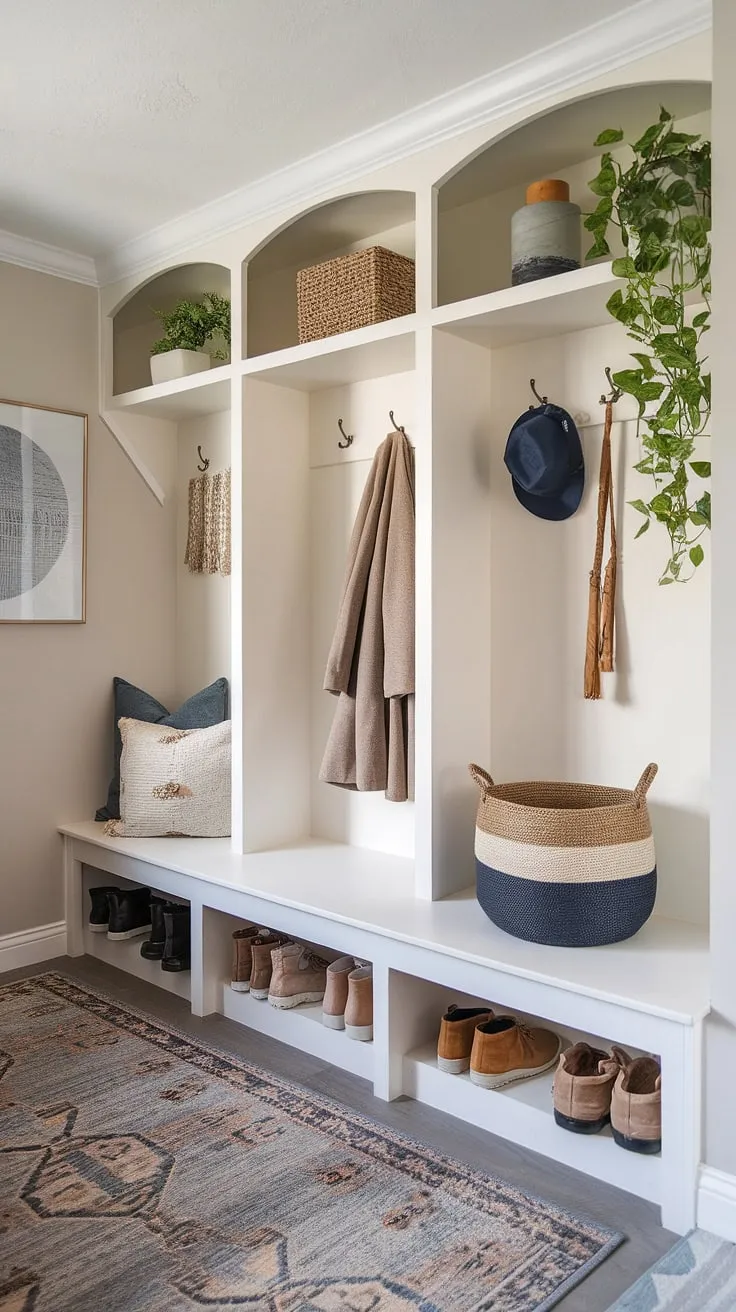 Step into serenity with this modern boho mudroom, where a cozy nook invites you to shed the day's worries.  Built-in coat and shoe storage keeps things tidy, while clever entryway diy storage solutions, like the hat basket and key table, add functional modern mudroom charm. This bohemian mudroom offers the perfect blend of style and practicality, showcasing inspiring entryway ideas and hallway organization ideas for a truly welcoming mudroom entrance.
