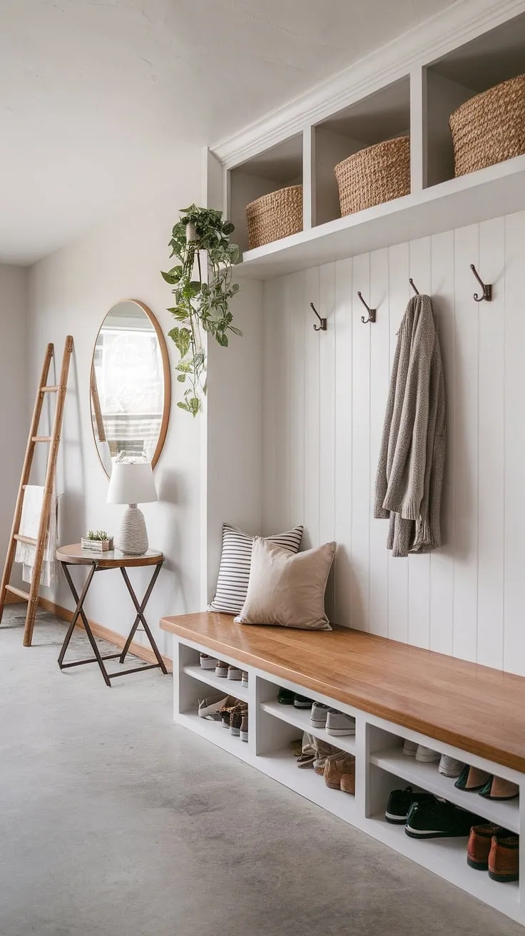 Transform your entryway with this bohemian mudroom.  Clever built-in coat and shoe storage maximizes space, making this mudroom entryway decor both stylish and practical.  The perfect blend of modern and boho, it's a dream mudroom for anyone seeking entryway ideas and efficient hallway organization ideas.