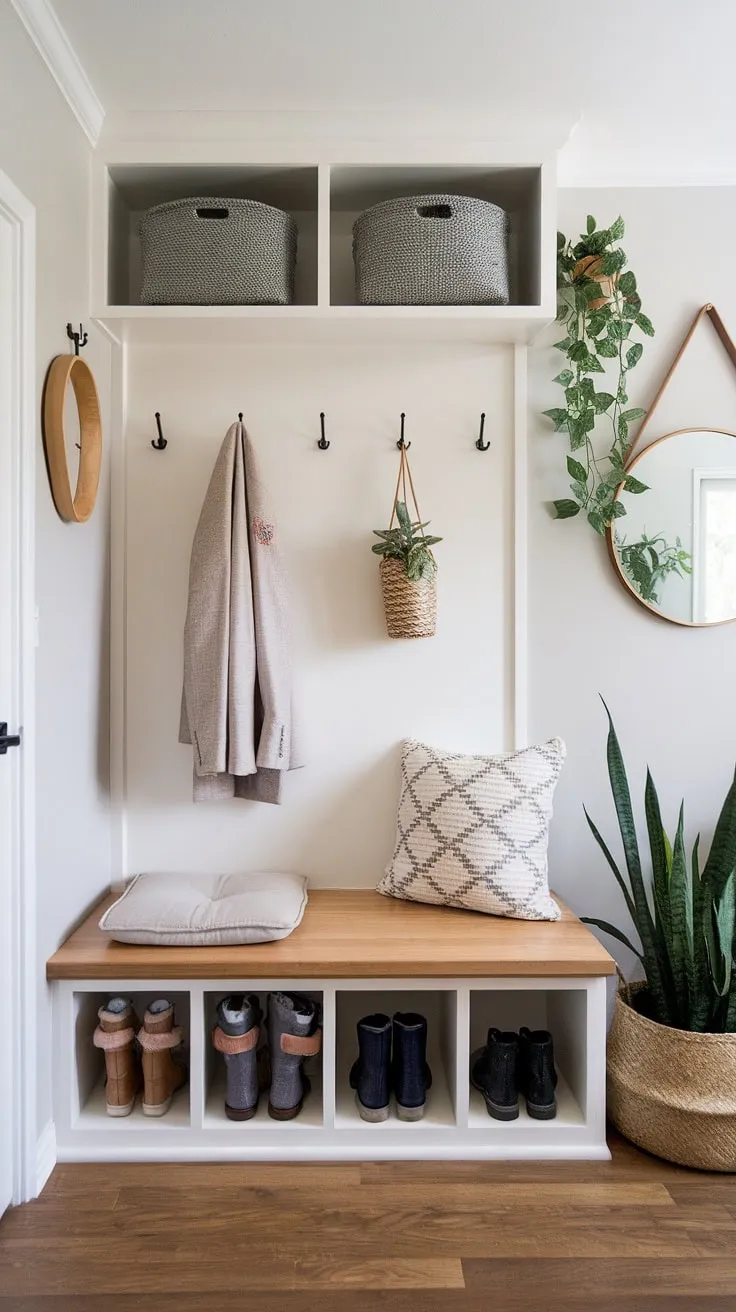 This functional modern mudroom showcases the best of modern boho style.  Clever built-in coat and shoe storage maximizes space, while the cozy bench and lush plants create a welcoming mudroom entryway decor.  Get inspired by these entryway ideas and transform your hallway organization ideas with this stunning mudroom entrance.  A true testament to entryway diy storage, this bohemian mudroom is both beautiful and practical.