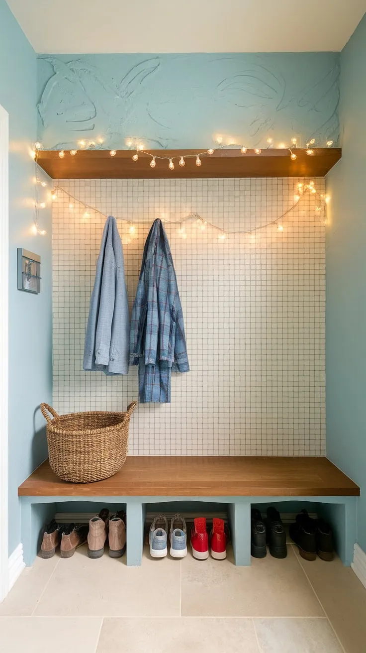 Step into serenity with this modern boho mudroom nook.  Built-in coat and shoe storage maximizes space, while the light blue textured walls and fairy lights create a welcoming bohemian mudroom atmosphere.  Perfect entryway ideas for functional modern mudroom organization, offering entryway diy storage solutions and inspiring hallway organization ideas for a stylish mudroom entrance.