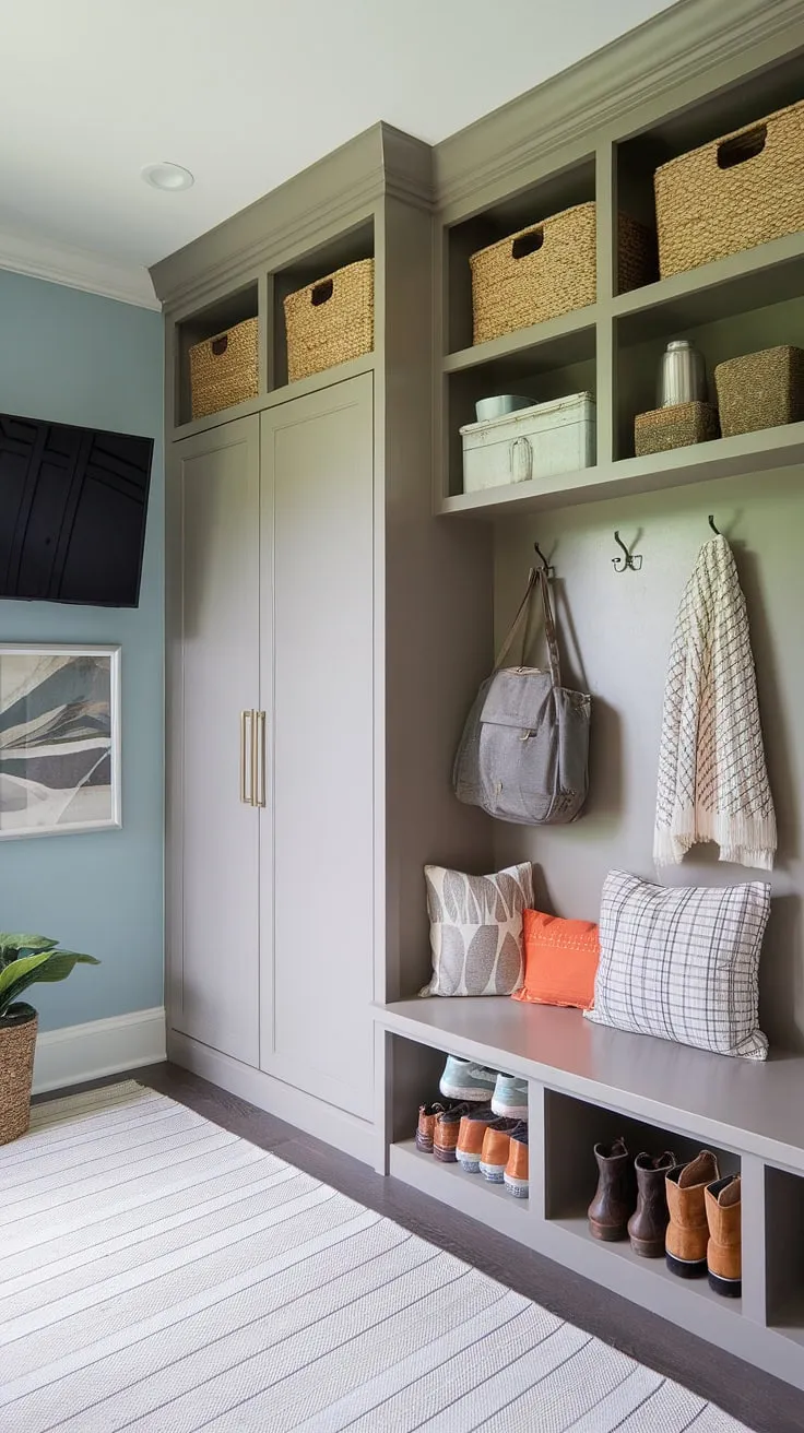 Organized chaos meets ultimate efficiency! This mudroom office combo layout seamlessly blends functionality and style.  The built-ins for the mudroom, complete with a drop zone with doors and clever small mudroom locker ideas, keep everything in its place.  A comfy bench and cubbies in the mudroom with cubbies and bench add a touch of homey comfort, while the mudroom with TV provides unexpected entertainment. The thoughtful mudroom interior design, including the calming mudroom wall color, and abundant mudroom storage ideas ensure this space is both practical and aesthetically pleasing.  All the mudroom essentials are within easy reach, making this the ultimate multitasking zone.