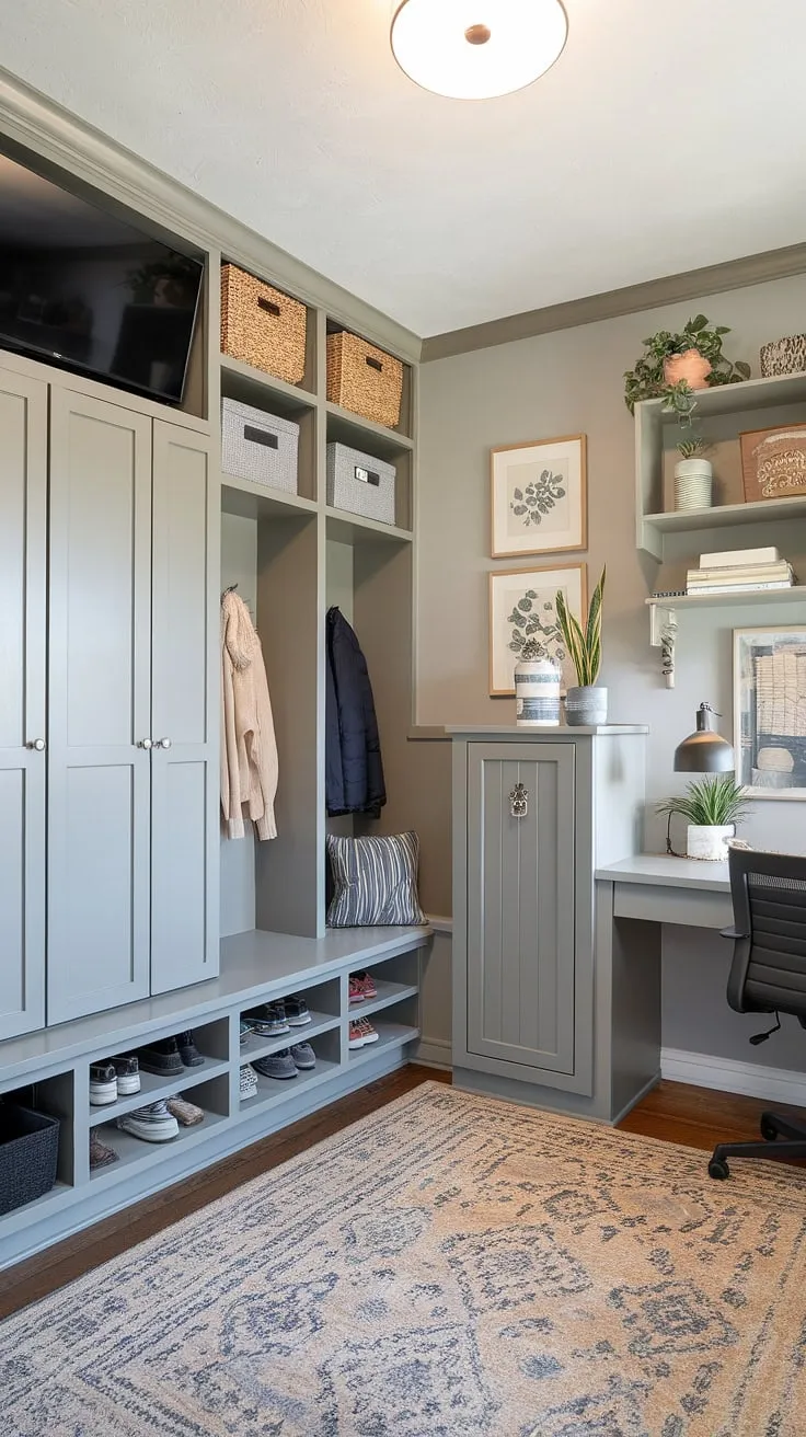 Clever mudroom storage ideas abound in this mudroom with TV and built-ins for mudroom organization.  The light gray mudroom wall color complements the stylish drop zone with doors, cubbies, and bench, creating a functional mudroom with cubbies and bench.  Small mudroom locker ideas are incorporated seamlessly, while the addition of a desk and chair transforms this space into a productive mudroom office combo layout.  This mudroom interior design showcases the perfect blend of form and function, highlighting mudroom essentials in a surprisingly spacious way.