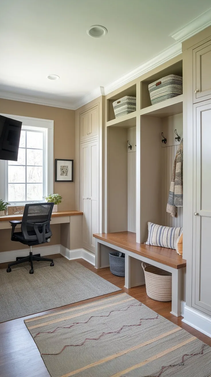The perfect blend of practicality and style, this mudroom with TV boasts a clever mudroom office combo layout.  Built-ins for mudroom storage, a drop zone with doors, and a mudroom with cubbies and bench offer ample space for coats, shoes, and everyday essentials.  A small mudroom locker ideas adds extra storage, while the dedicated office area provides a quiet workspace.  The warm beige mudroom wall color and hardwood floors create a welcoming ambiance.  This mudroom interior design is a masterclass in mudroom storage ideas, incorporating all the mudroom essentials in a beautifully functional space.