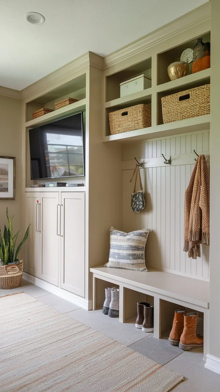 This mudroom office combo layout seamlessly blends practicality and style.  Built-ins for mudroom storage, including a drop zone with doors and cubbies beneath a bench, maximize space.  The mudroom with TV offers a cozy spot, while the small mudroom locker ideas add extra organization.  The beige mudroom wall color creates a calming atmosphere, complemented by thoughtful mudroom interior design elements like a plant and decorative piece.  This showcases clever mudroom storage ideas and mudroom essentials in a well-designed space.