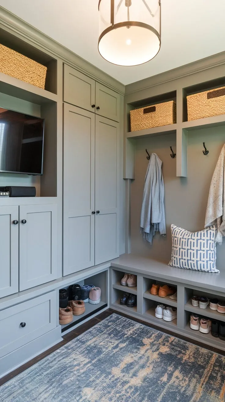 Maximize space and functionality with a stylish mudroom office combo featuring built-in storage, a drop zone, and essential organization elements for a seamless blend of practicality and comfort