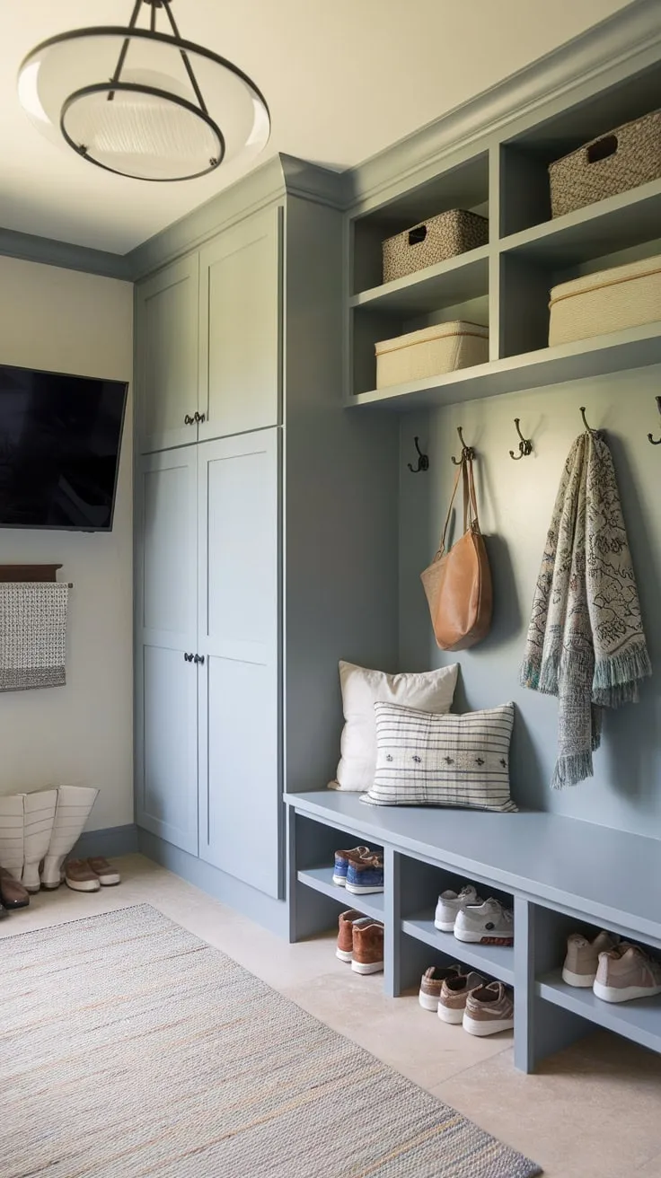 A soft gray mudroom seamlessly integrates built-in storage, a drop zone, and a TV, maximizing space and functionality for both work and family needs