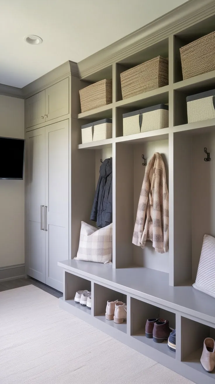A light gray mudroom seamlessly integrates office functionality with ample storage, a comfy bench, and entertainment.
