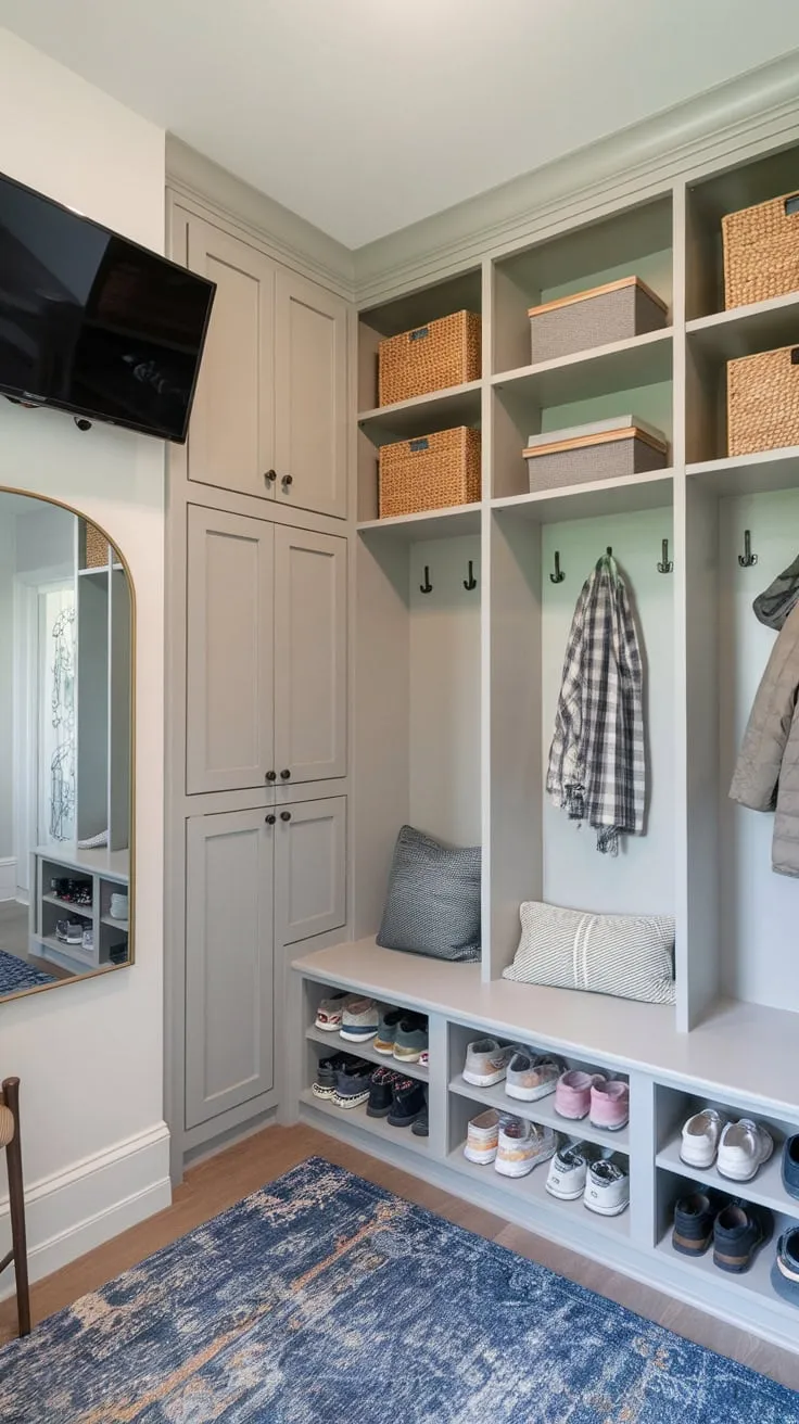 A light gray small mudroom cleverly combines office functionality with built-in storage, a drop zone, and cozy seating, all enhanced by a TV and essential accessories.