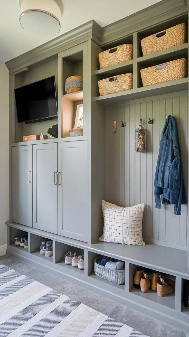 A cleverly designed mudroom office blend provides ample storage, a functional drop zone, and a comfortable workspace all within a cohesive and stylish design.