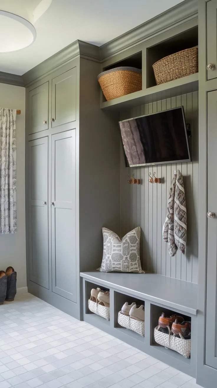 Maximize space and organization with a stylish mudroom-office combo featuring built-in storage, a drop zone, and a mounted TV